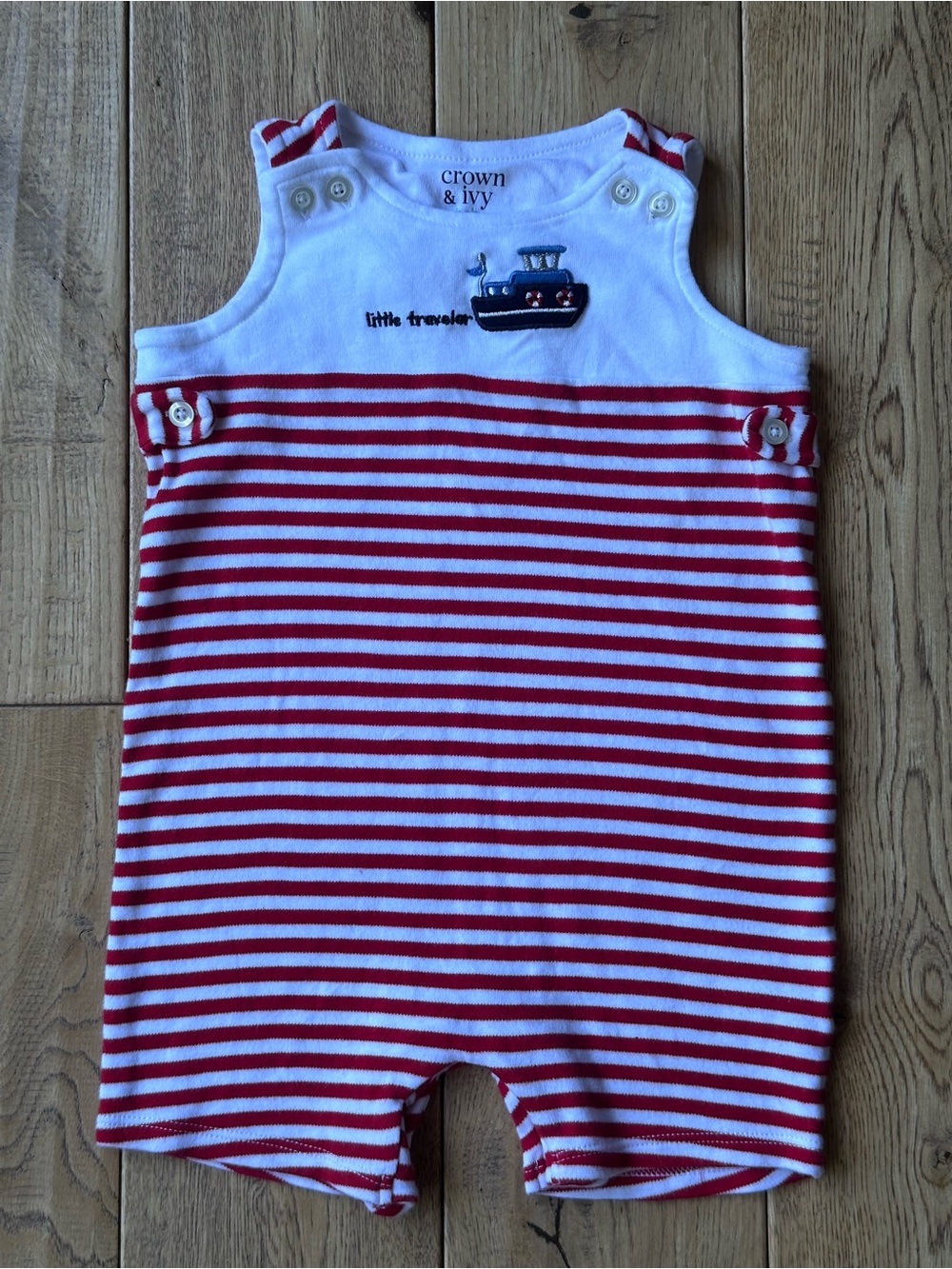 Crown & Ivy Baby Red and White Stripe “Little Traveler” Romper size 9 Months